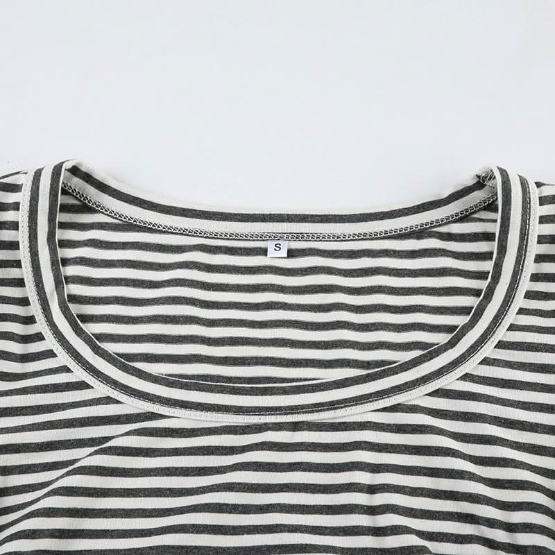 Long sleeve round neck striped drawstring top