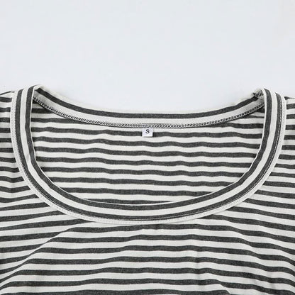 Long sleeve round neck striped drawstring top