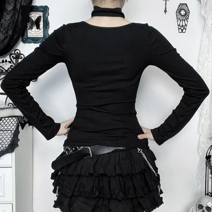 Halter long sleeve button self tie top