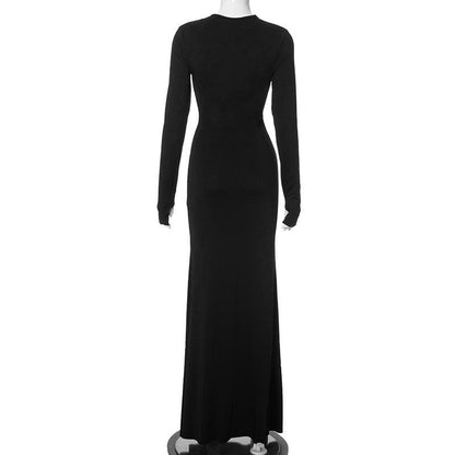 V neck long sleeve butterfly metal applique maxi dress