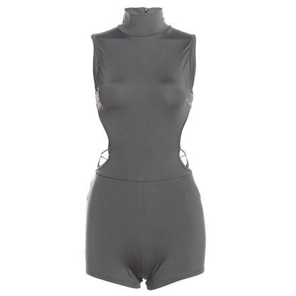 Sleeveless high neck button backless romper