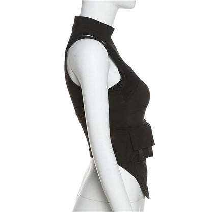 Hollow out high neck corset sleeveless zip-up crop cut out top