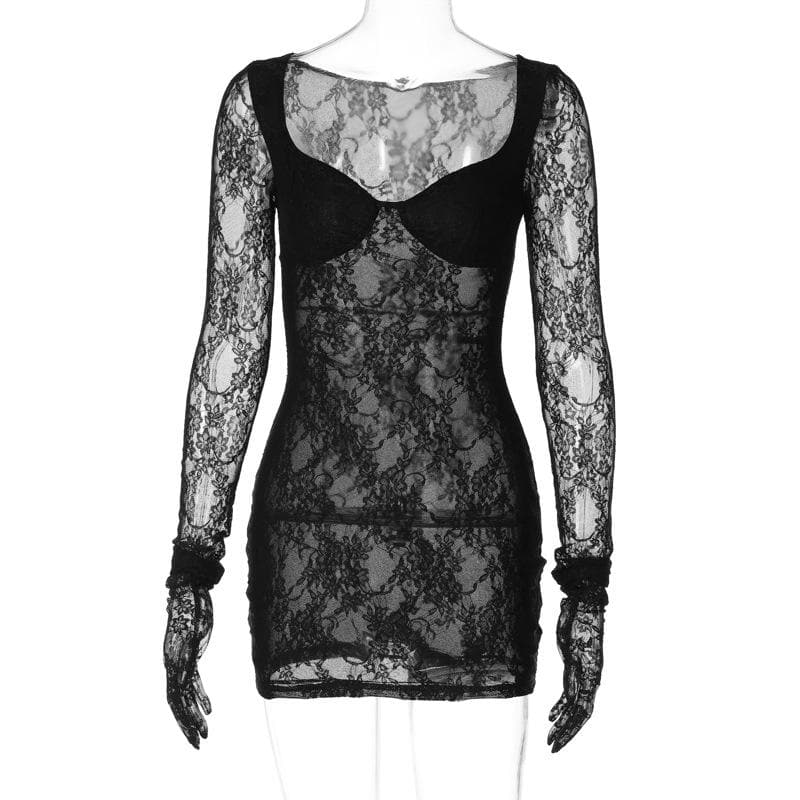 Floral Lace Glove Sleeve Opaque Bustier Sweetheart Neck Bodycon Mini Dress
