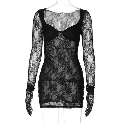 Floral Lace Glove Sleeve Opaque Bustier Sweetheart Neck Bodycon Mini Dress