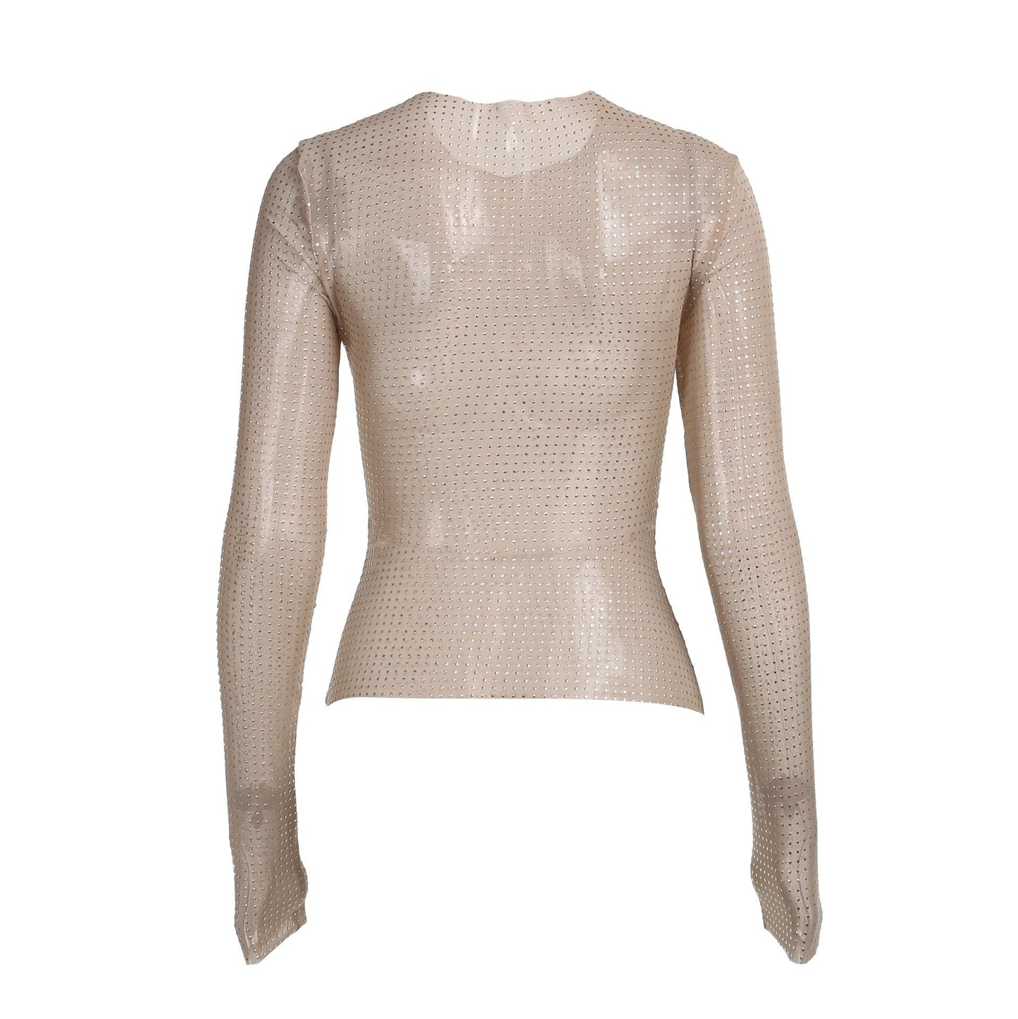 Long sleeve sheer mesh beaded crewneck top