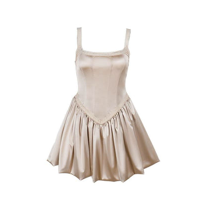 U neck lace hem ruched cami mini dress