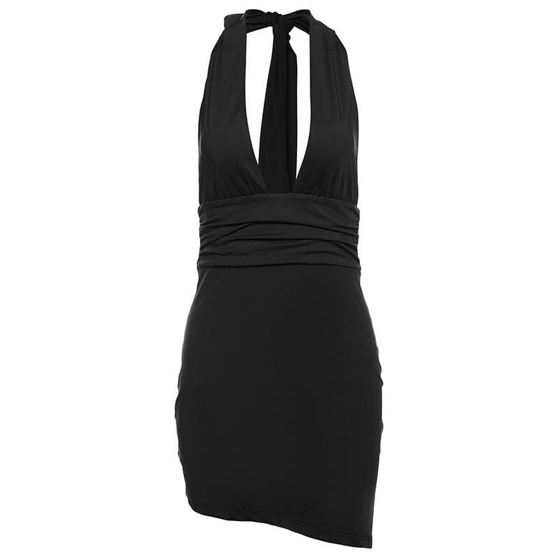Halter deep v neck ruched backless mini dress