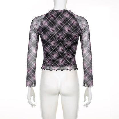 Plaid ruffle v neck mesh contrast top