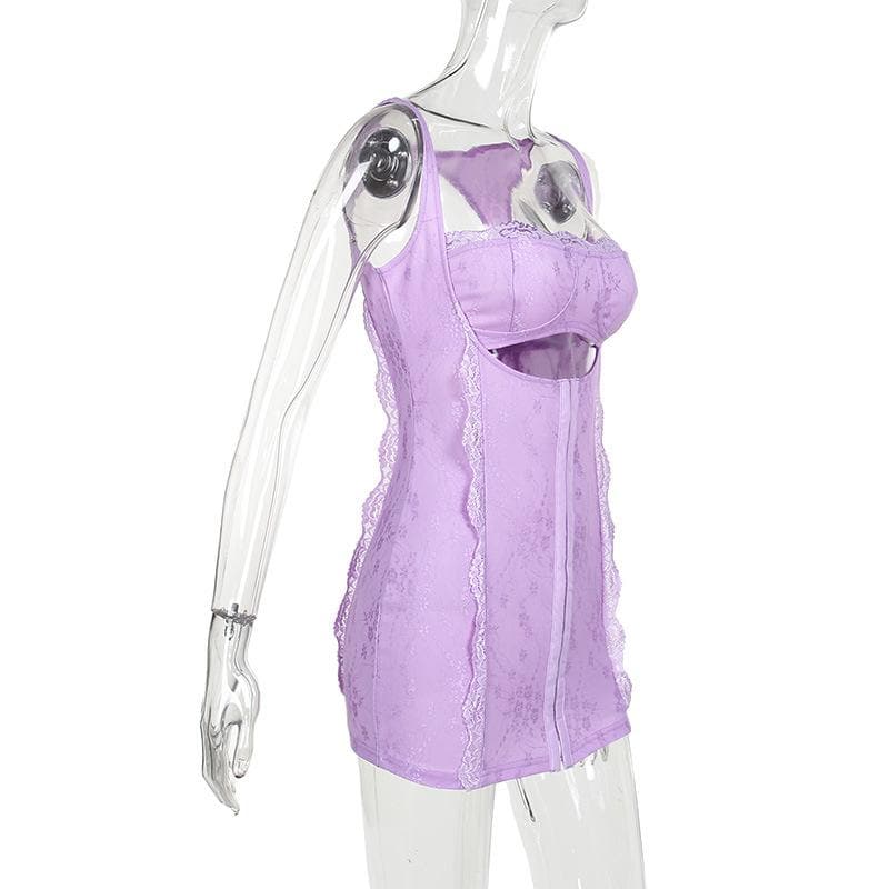 Square neck lace backless hollow out button solid cami cut out mini dress