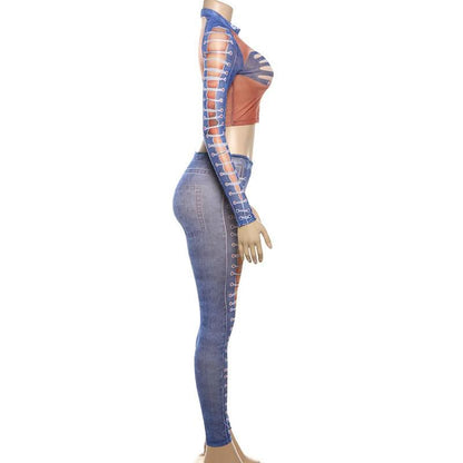 Long sleeve mesh denim print crop pant set