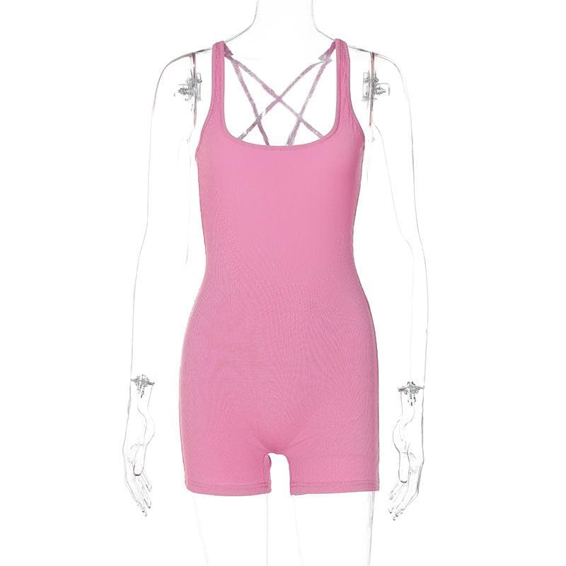 U neck cross back solid romper