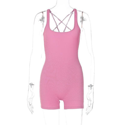 U neck cross back solid romper