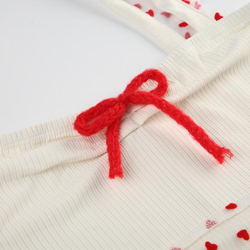 Bowknot ribbed heart pattern mesh cami top