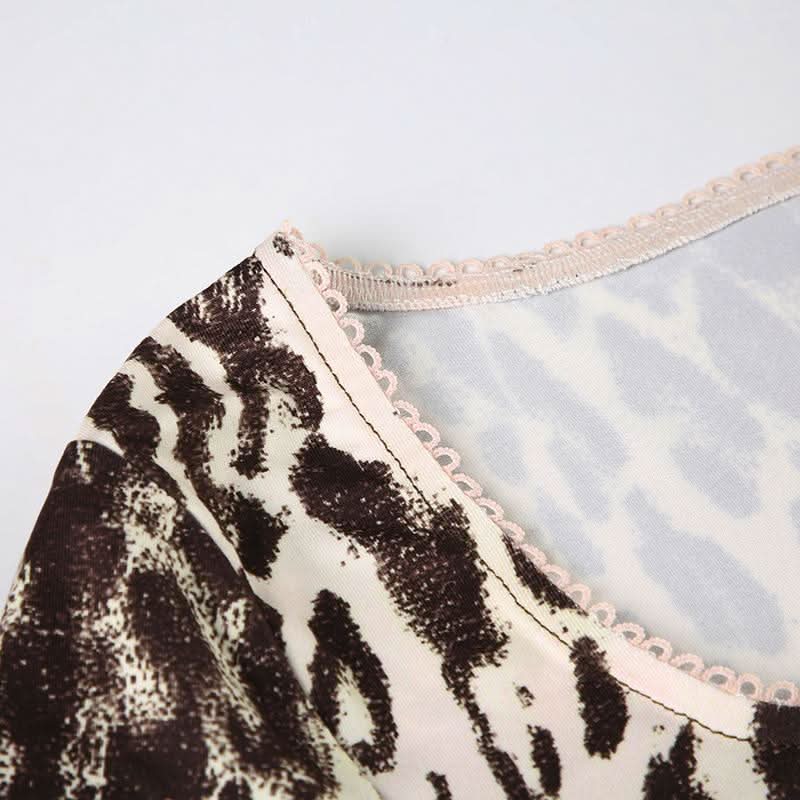 Leopard print long sleeve u neck lace hem top