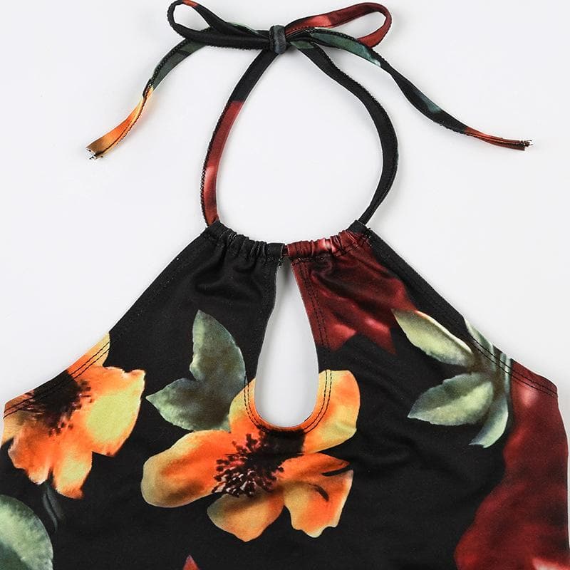 Halter drawstring ruched hollow out flower print cut out top