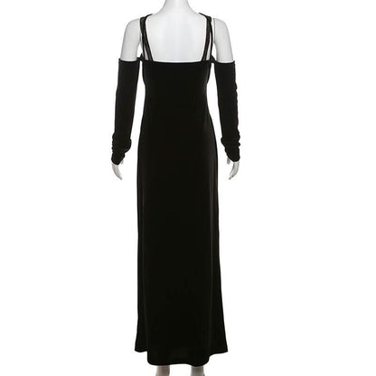 Off shoulder v neck velvet lace hem cami maxi dress