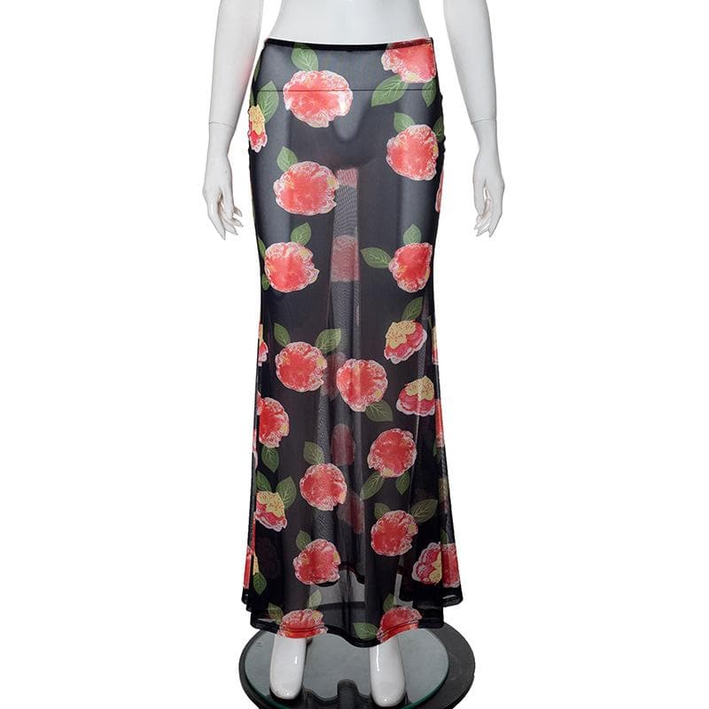 Sheer mesh flower print contrast maxi skirt