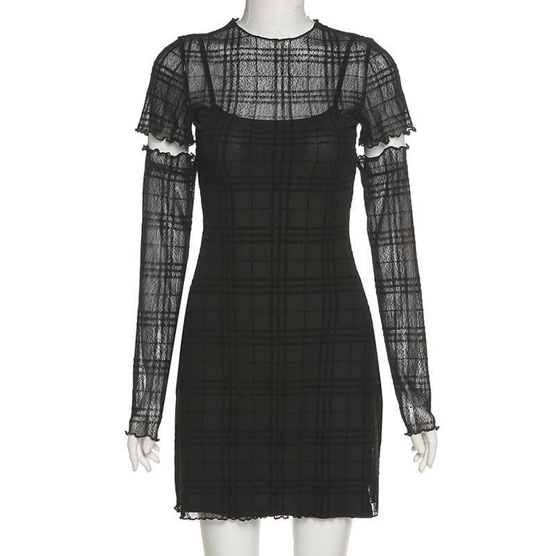 Ruffled mesh plaid long sleeve dress