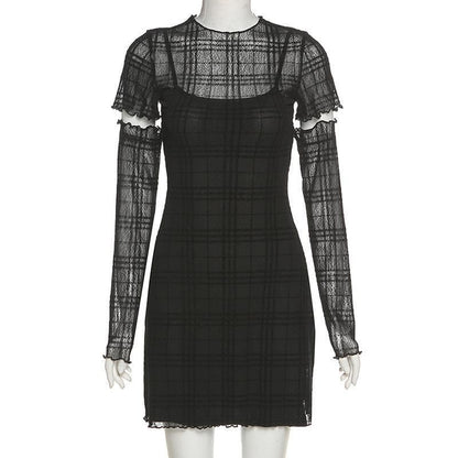 Ruffled mesh plaid long sleeve dress
