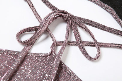 Low cut v neck textured hollow out self tie cami cut out mini dress