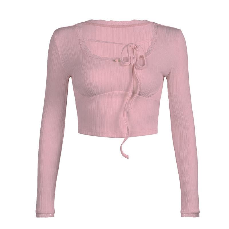 U neck long sleeve lace hem self tie crop top