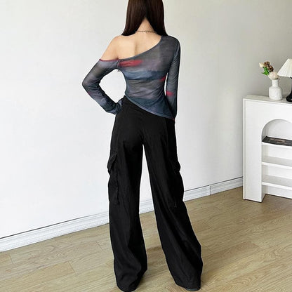 Long flared sleeve irregular one shoulder sheer mesh top