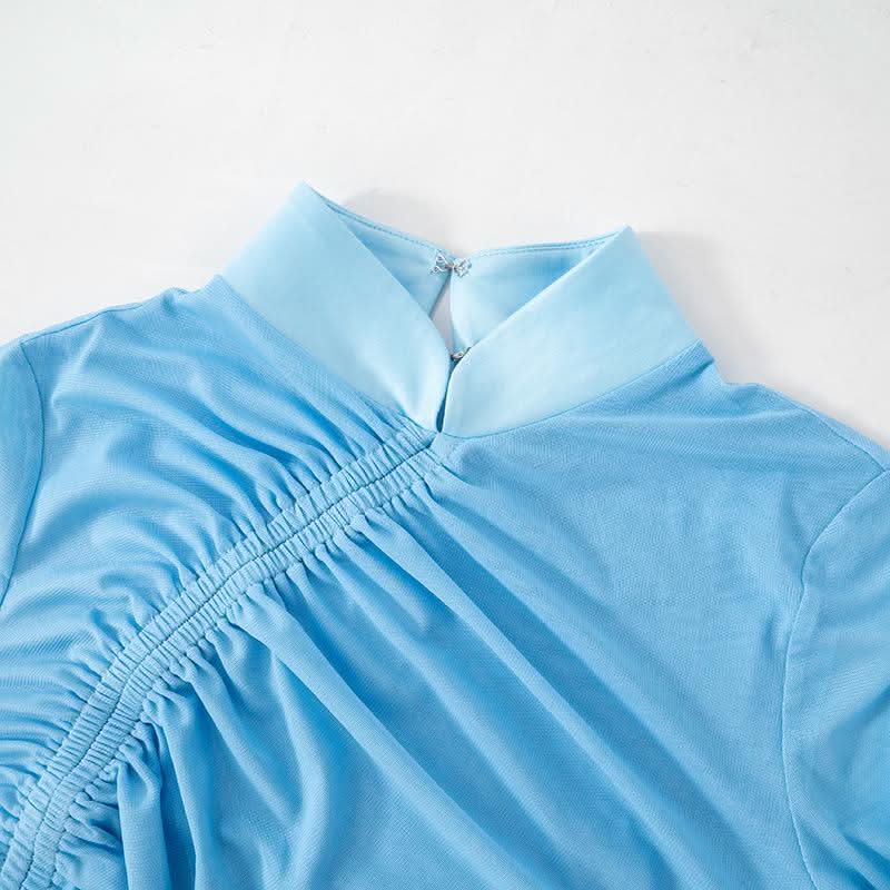 High neck long sleeve ruched mesh flower print maxi dress