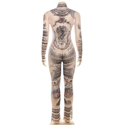 Sheer mesh abstract contrast see through long sleeve high neck jumpsuit