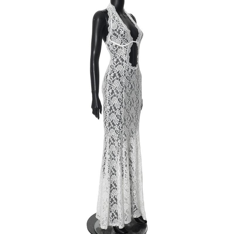 Halter hollow out lace see through cut out maxi dress
