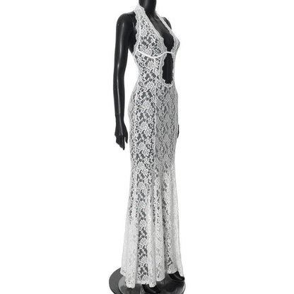 Halter hollow out lace see through cut out maxi dress
