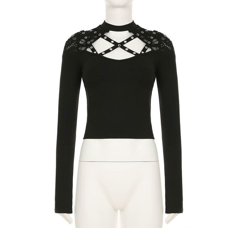 Long sleeve crewneck hollow out cut out top