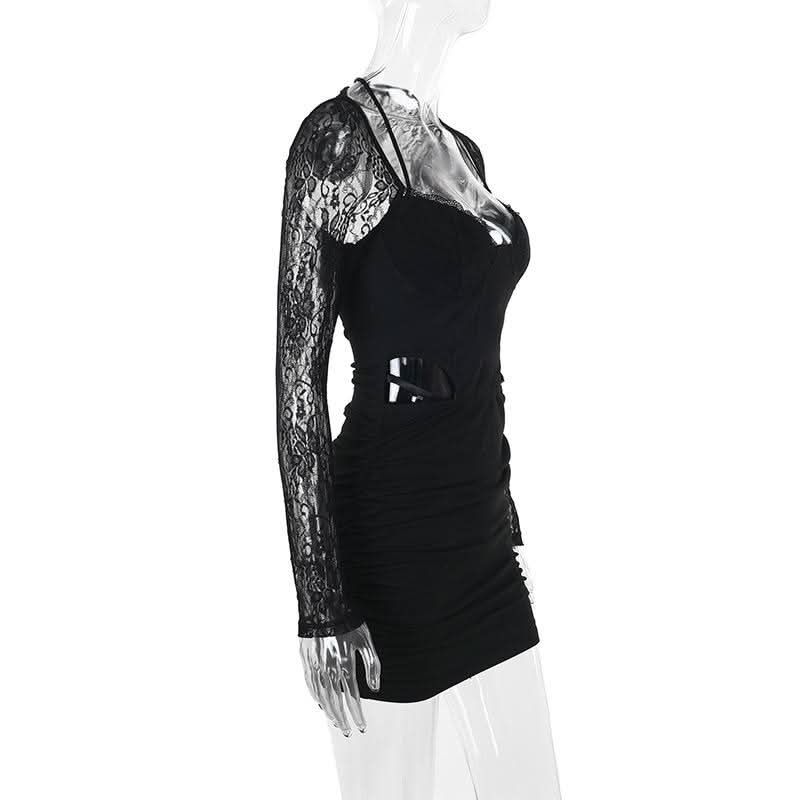 Long sleeve lace hollow out ruched self tie cut out mini dress