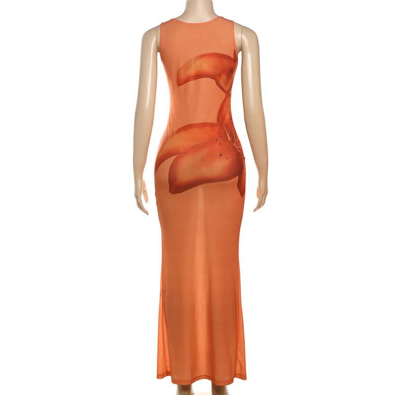 Irregular u neck flower print see through maxi dress