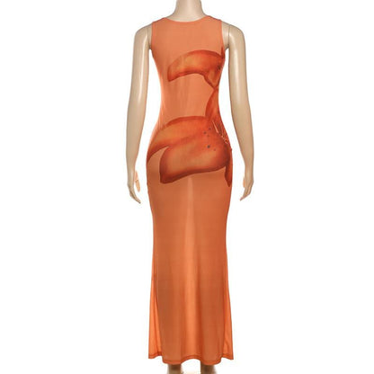 Irregular u neck flower print see through maxi dress