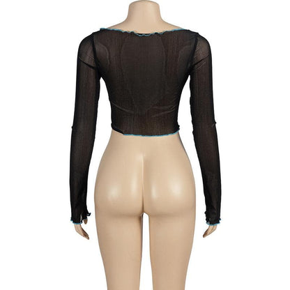 Long sleeve stitch sheer mesh ruffle crop top