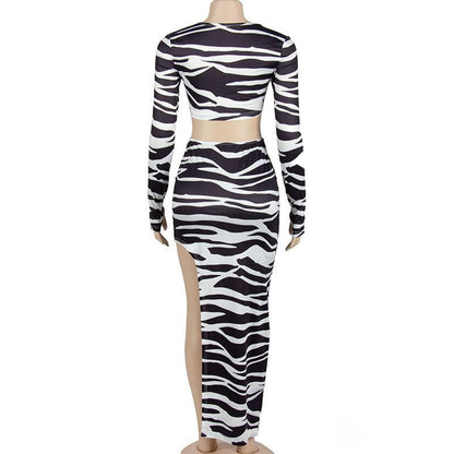 Zebra print self tie contrast long sleeve irregular slit maxi skirt set