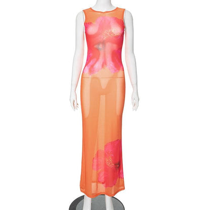 Sleeveless crewneck flower print sheer mesh maxi dress