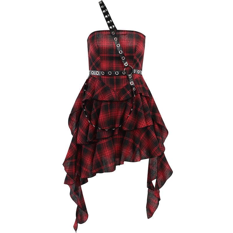 Ruffle plaid zip-up irregular one shoulder backless mini dress | victorian gothic dresses