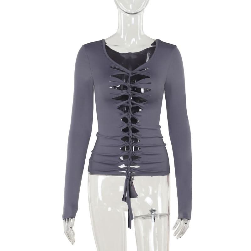 Long sleeve hollow out v neck self tie solid cut out top