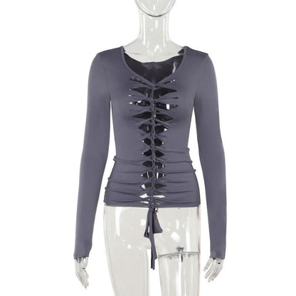 Long sleeve hollow out v neck self tie solid cut out top