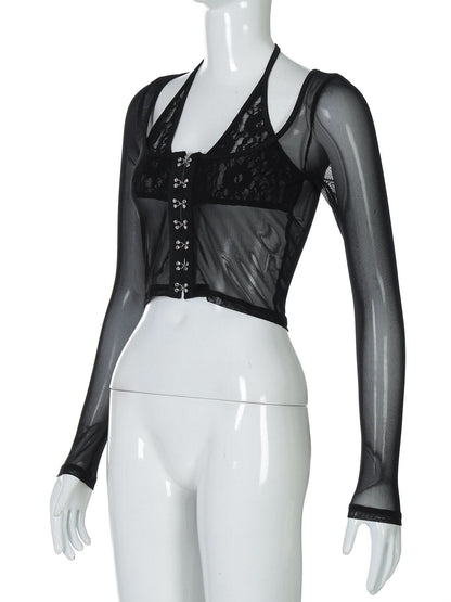 Halter long sleeve mesh lace hem button top