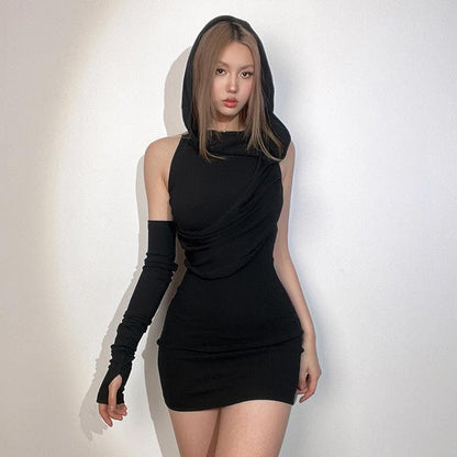 Rib Knit Hood Cowl Overlay Single Glove Sleeve Bodycon Mini Dress