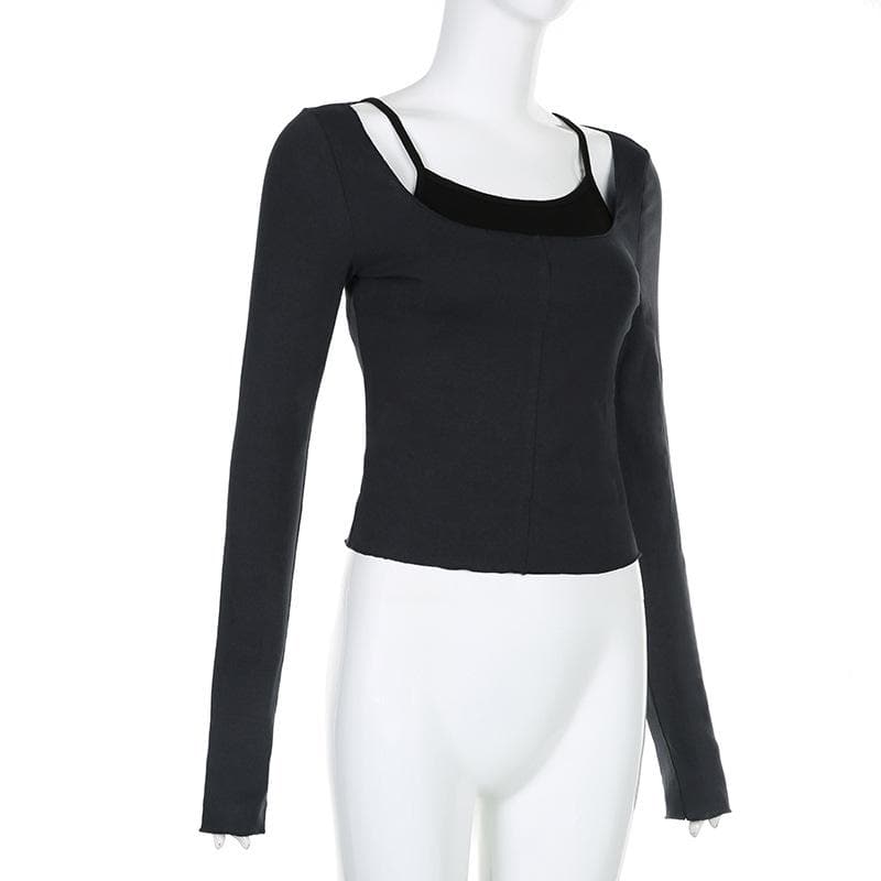 Contrast patchwork long sleeve round neck top