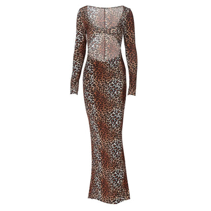 Long sleeve leopard print hollow out u neck cut out maxi dress