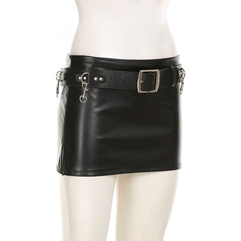 PU leather belt buckle mini skirt