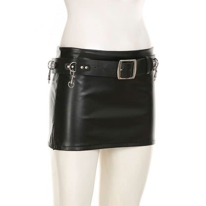 PU leather belt buckle mini skirt