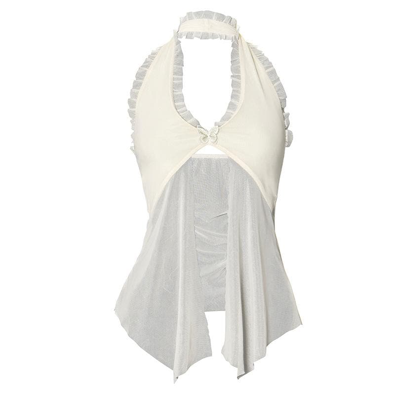 Halter lace hem ruffle butterfly embroidery mesh top
