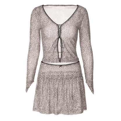 Long sleeve leopard print lace up ruched skirt set