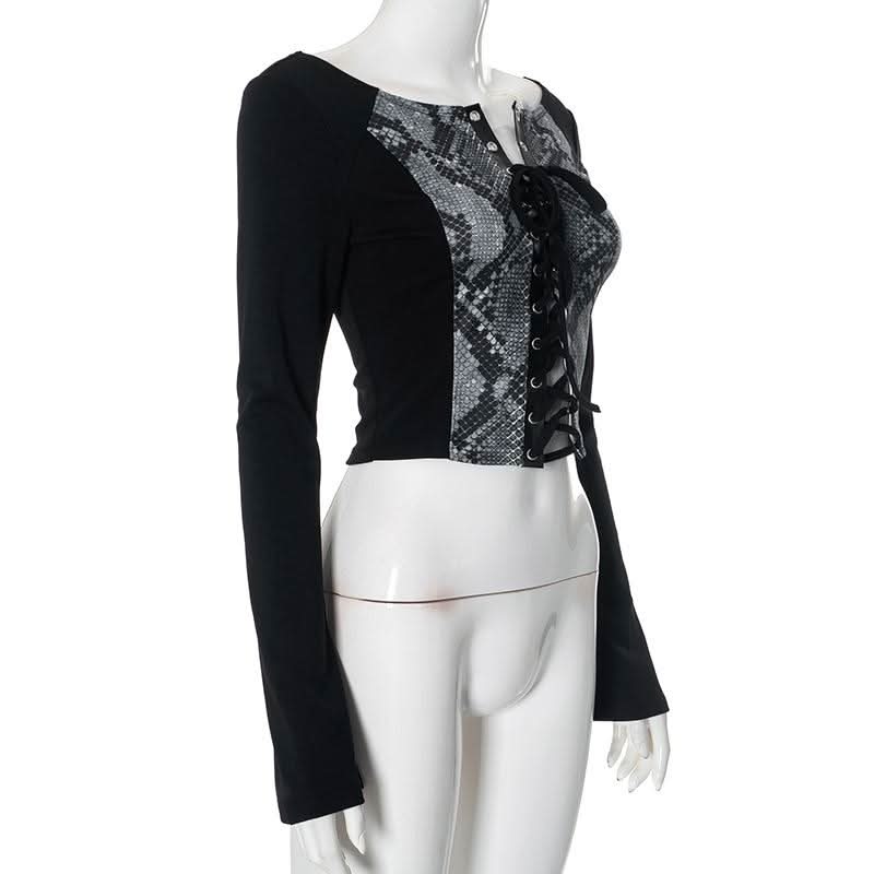 Long sleeve print lace up top