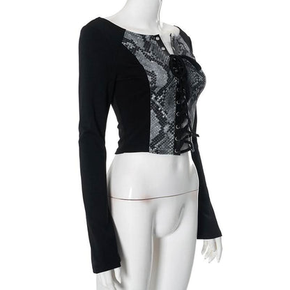 Long sleeve print lace up top